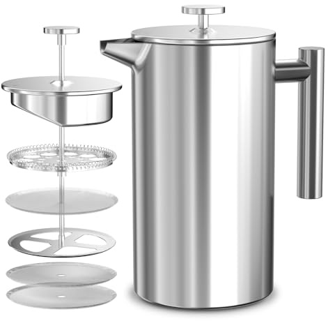 VOSFEEL French Press Cafetiere 12 Cup, 1500ML Stainless Steel Insulated Coffee Press, 3 Level Filtration System, Heat Resistant, Easy to Clean