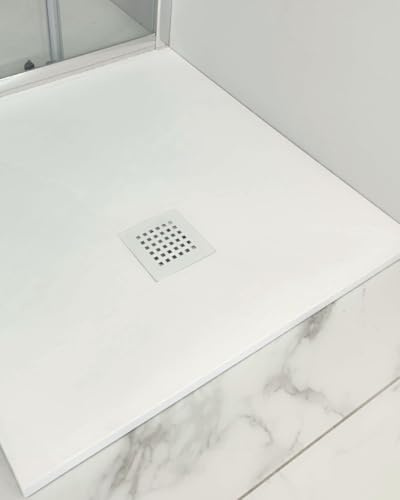 Piatto doccia 90x90x2,5 cm in mineralmarmo bianco slim riducibile - effetto cemento