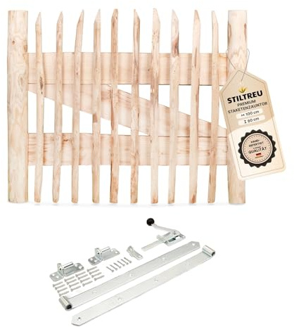 STILTREU Premium Staketenzaun-Tor Set (feuerverzinkt, silber) aus Edelkastanie (genagelte Ausführung) Breite 100 cm x Höhe 80 cm