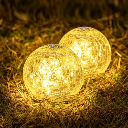 HUIKUANGEU Solarlampen für Außen,2 Stück Solar Kugelleuchte,Solarleuchten für Außen,Bruchglas Solarlampen für Außens Garten,Solar Bodenleuchten IP44 Wasserdicht Solarleuchten,für Hof,Weg,Rasen