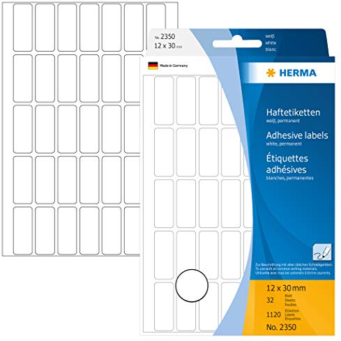 HERMA 2350 Vielzweck-Etiketten, 1120 Stück, 12 x 30 mm, 35 pro Bogen, selbstklebend, Haushaltsetiketten zum Beschriften, matt, blanko Papier Klebeetiketten Aufkleber, weiß