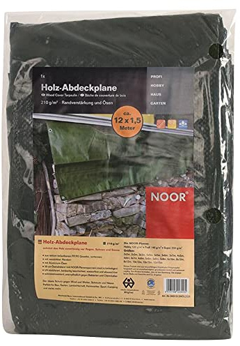 NOOR Holz-Abdeckplane 1,5x12 m (210 g/m²) | Wasserfest, UV-beständig, schimmelresistent - mit verstärkten Ösen & Rändern - Schutzplane grün für Holz, Boot, Möbel