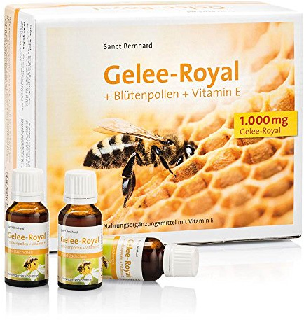 Jalea Real-Polen-Vitamina-E líquida – 30 frascos para 1 mes - Con el valioso extracto de jalea real y polen, sustancias reconstituyentes que ayudan a recuperar las energías