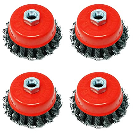 Dapetz ® 4 x Twist Knot Wire Cup Brush 3 75mm for 115mm Angle Grinders M14 Thread for Metal and Stone Working, Cleaning, Surface Preparation and Fabrication Tasks