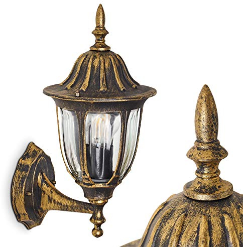 HOFSTEIN Außenwandleuchte Ribadeo, Außenwandlampe aus Metall/Glas in Schwarz-Goldfarben/Klar, moderne Wandleuchte Up im Retro/Vintage/Landhaus-Design, E27, IP44, Eingangsbereich, Haustür, Hof