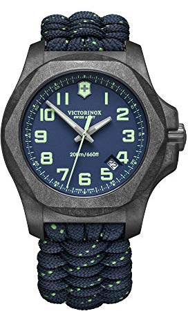 Victorinox Men’s Watch I.N.O.X. Carbon Ø 43 mm, Swiss Made, Analogue Quartz, Water-Resistant up to 200 m, Sapphire Glass, Paracord Strap, Blue