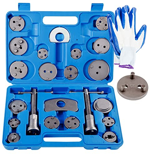 Qnkaa 22pcs Brake Caliper Rewind Tool Kit to Wind Back Front and Rear Disc Brake Piston Compression Pad Replacement Master Set with One Pair of Glove