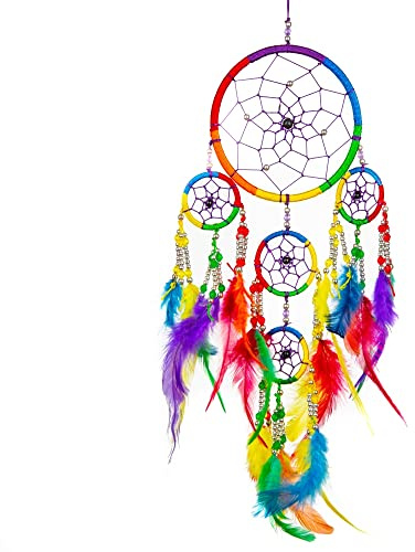 Pink Pineapple Petit Attrape Rêve Arc en Ciel Dreamcatcher Indien à Perles & à Plumes Fait Main - Capteur de Rêves Multicolore et Artisanal - Format Petit (12x35 cm)