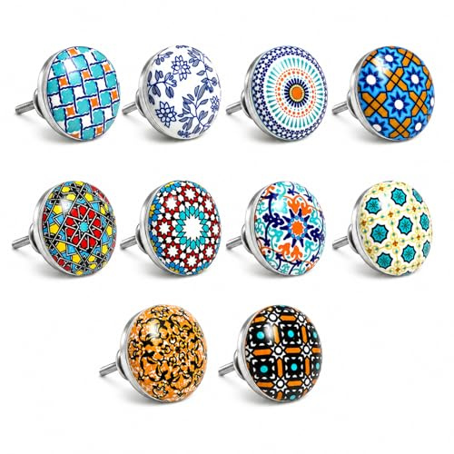 Set von 10 Keramikknöpfen in verschiedenen Farben und Formen, verschiedenen Designs. Handgefertigte Griffe für Schränke, Schubladen und Kommoden. Klassische Keramikknöpfe mit 40 mm Durchmesser