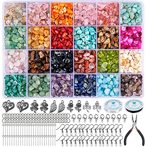 HONGTEYA Schmuck Selber Machen Set, 24 Farben Natürliche Edelstein-Perlen,5–7 mm Steinperlen, 1073 Stück Ringe Selber Machen Set für DIY Schmuck Halskette Armband Ohrring