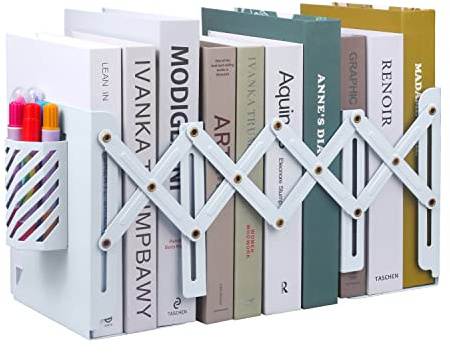 MSDADA Adjustable Bookends, Metal Book Ends for Heavy Books, Expandable Book Organizer with Pen Holder for Desk, Shelf, Office, The First Day of School Stationery Gift for Students,Teachers (White)