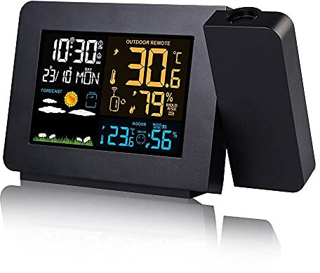 Projection Alarm Clock with Outdoor Sensor， Personal Weather Station， Weather Forecast Dimmable Dual Alarms LCD Display Date Time Temperature Humidity