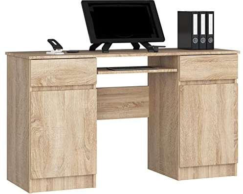 PC-Schreibtisch A5 mit Tastaturablage | Office Desk | Computertisch | Bürotisch mit Tastaturablage | 2 Schubladen und 2 Türablagen, B135 x H77 x T50 cm, 58 kg | Sonoma Eiche
