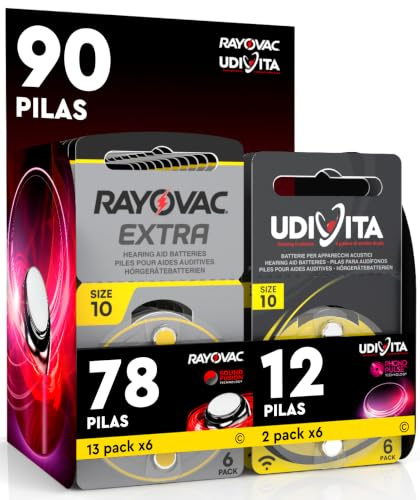 90 Hörgerätebatterien Größe 10 (PR70 - Gelb) Zink-Luft mit Phono-Pulse-Technologie in 15 Blistern zu je 6 Batterien - 90 Batterien: 12 Udivita + 78 Rayovac
