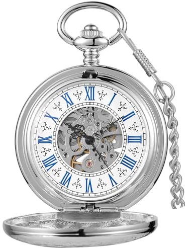 Montre de poche vintage mécanique steampunk avec chiffres romains et chaîne et pendentif coffret cadeau, Silver&white, Classique
