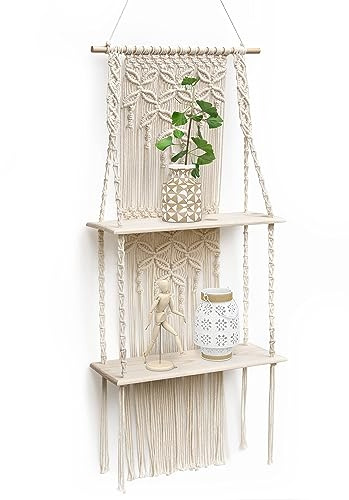 SUMGAR Wandregal Holz Makramee Wandbehang Regal Wand Boho Deko Schweberegal Quaste Handgewebte Natürliches Treibholz Hängeregal Chic Schwimmende Regale Für Wohnzimmer (Upgrade)