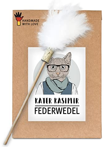 Kater Kasimir Premium Federwedel - In Deutschland von Hand und mit Liebe gefertigtes nachhaltiges Katzenspielzeug. Mit Holzstab aus Buche und echten Naturfedern, Katzenangel