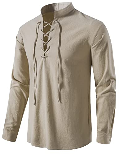 LucMatton Herren-Kostüm mit Schnürung, Baumwolle, mittelalterliches Vintage-Kostüm, Khaki, M