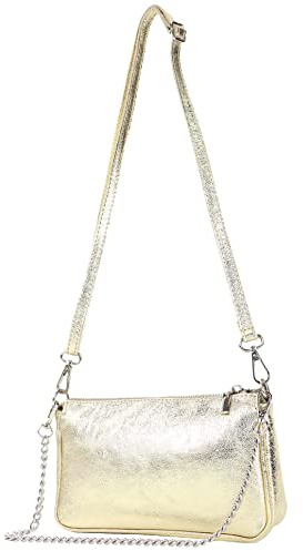 Modamoda de T237 Sac à bandoulière en cuir, avec chaîne en argent et bandoulière réglable, 22 x 14 x 5 cm, fabriqué à la main en Italie, Métal doré clair, S