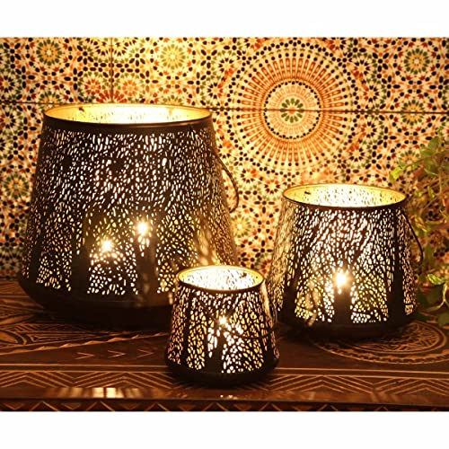 Orientalisches Windlicht Como 3er Set aus Metall innen Gold außen schwarz rund Laterne mit Henkel marokkanische Kerzenhalter aus 1001 Nacht Wohn-Deko Weihnachten IRL70
