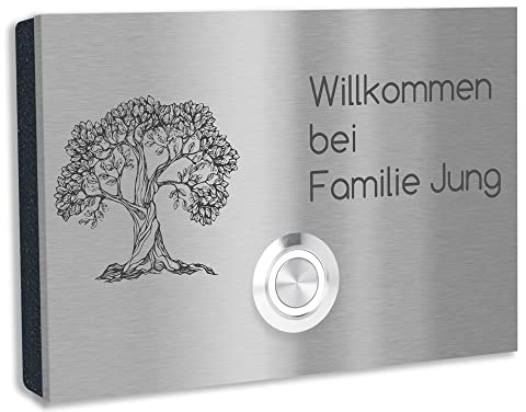 Jung-Edelstahl-Design V2A Edelstahl Türklingel London1 Motiv Baum. Klingelschild mit Gravur 12x8 cm. Led Klingeltaster. Klingelplatte Aufputz oder Unterputzmontage.