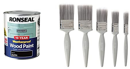 Ronseal 10 Year Weatherproof 2 in 1 Wood Paint Black Satin 750ml and Harris Essentials Walls & Ceilings Paint Brush Set | Pack of 5 | 0.5, 1, 1.5, 2