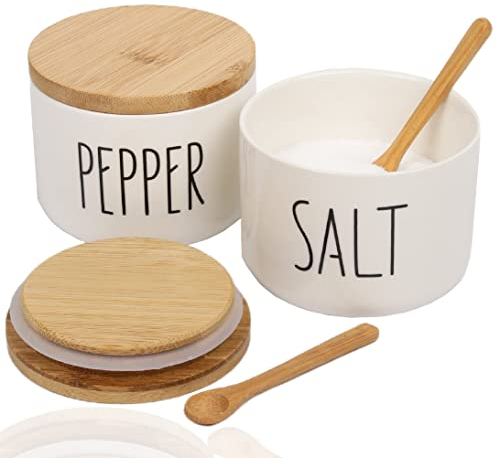 VICUKIE Salero y pimentero de cerámica, doble soporte, salero con tapa, juego de recipientes apilables en blanco y negro, salero, pimentero, 2 cucharas con tapa (blanco y blanco)