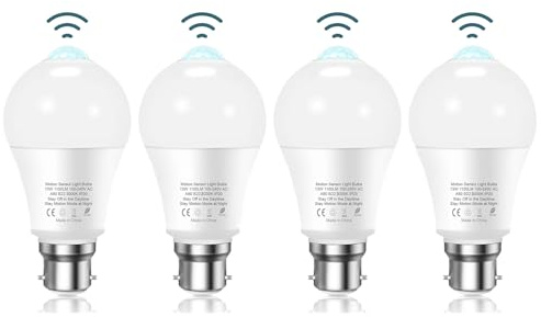 Torkase PIR Motion Sensor Light Bulb, 13W B22 Bayonet Smart Light Bulbs, 3000K Warm White Infrared Lamp, Auto On/Off Motion Sensor Lights Indoor Outdoor Bulbs for Garage, Bathroom, Hallway, 4 Pack