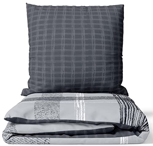Leonado Vicenti Biancheria da letto in cotone, 155 x 220 cm, motivo a righe, colore grigio, set per camera da letto, double-face, con chiusura lampo
