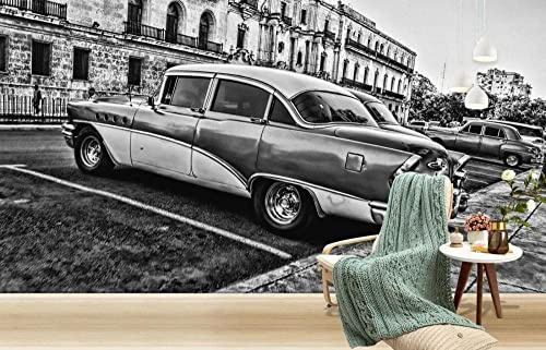 3D-Wandtapete Für Mädchen-Schlafzimmer Auto Retro Schwarz Und Weiß Tapete Wandbild 3D Abziehen Und Aufkleben Selbstklebender Wandaufkleber Kinderzimmer Jungenzimmer Deko 300 (Breite) x 210 (Höhe) cm