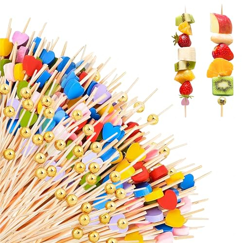 200 PCS Palillos de Dientes para Cócteles de Bambú, Púas de Comida Pinchos de Bebidas de Madera, Brochetas para Frutas Palitos de Alimentos para Canapé con Perla Doradas Forma de Corazón Multicolor