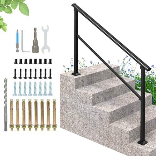 Signstek Hand Rails for Outdoor Steps - 5 Step Handrail Stair Railing Indoor Stairs Rail Wrought Iron Metal Steel Adjustable Staircase Handrails Exterior Concrete Steps for Porch/Deck/Garden, Black