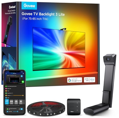 Govee TV Backlight 3 Lite with Fish-Eye Correction Function Sync to 75-85 Inch TVs, 16.4ft RGBICW Wi-Fi LED Strip Lights with Camera, 4 Colors in 1 Lamp Bead, Voice and APP Control, Adapter