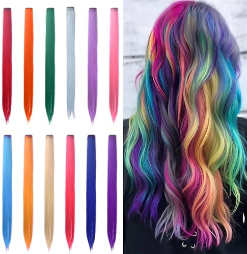 24 Pz Extension Capelli Colorati, Ciocche Colorate, Clip in Hair in Diverso Colori per Capelli per Donne Ragazze Party Festival Cosplay