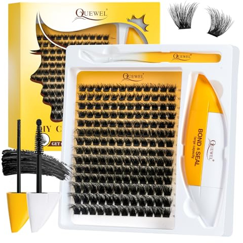 QUEWEL Cluster Wimpern Set DIY Wimpern Extensions Set 168 Stk einzelne Wimpern mit großem Fassungsvermögen 16ml Wimpern Kleber und Seal, Wimpernapplikator einfach für Anfänger zu Hause(Fluffy 3D-Mix)