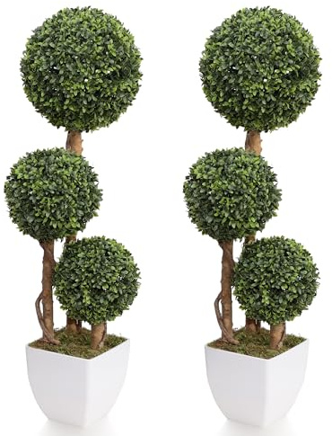 Damomo Artificial Boxwood Ball Topiaries Trees, Outdoor 3ft Fake Topiary Triple Ball Boxwood Tree 2 Packs, Faux Shrubs Green Plants Detachable Sphere Potted Decor Indoor Porch or Garden（35inch）