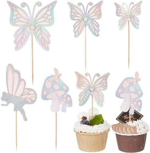SUNNYCLUE 12 Set Schmetterlinge Kuchendekoration Pilz Fee Insekt Schmetterling Kuchendekoration 3D Cupcake Topper Papier Kuchendekoration Rosa Cupcake Topper Für Geburtstag Hochzeit Party Kuchen Desse