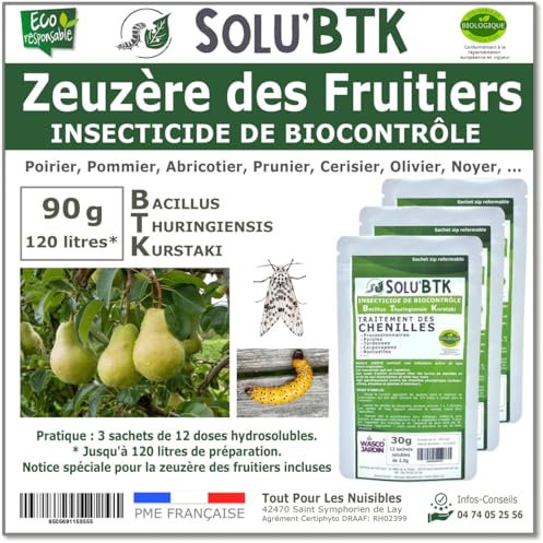 SoluBTK - Zeuzère des fruitiers: Poirier, Pommier, Abricotier, Cerisier, Prunier, Olivier ... 90 g Bacillus thuringiensis BTK - Insecticide Utilisable en Agriculture Biologique - Traitement chenilles