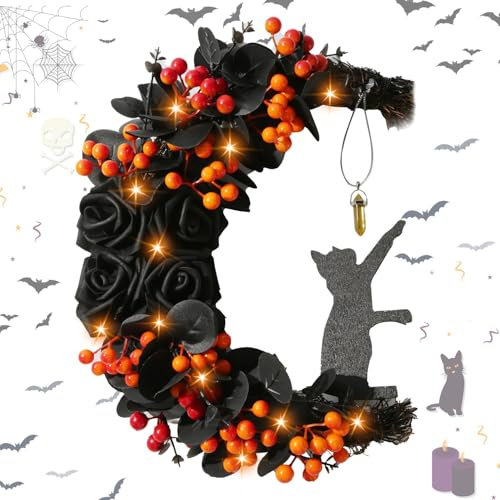 Halloween Mond Tür Kranz, Schwarze Halloween Kranz Girlande für Haustür Fenster Wand Dekor, für Bauernhaus Veranda Haustür Dekor (A)