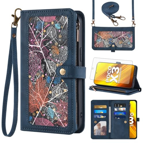 Asuwish Funda para Xiaomi Poco X3/X 3 Pro/PocoX3 NFC funda con cinta de lámina protectora tarjetero plegable cuero monedero soporte Mi 3X 5G teléfono móvil fundas fundas fundas teléfono móvil funda