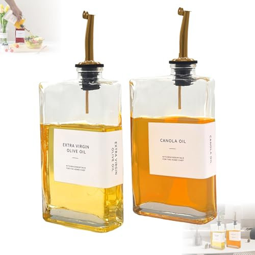 FENGJIAHUI 2 Pezzi Olio e Aceto Set, Set di Contenitore Olio per Cucinare e Barbecue, Bottiglia Olio con Dosatore 350ml, Bicchiere, Con Etichetta, Due Versatori, Antigoccia, Adatto alla Cucina (oro)
