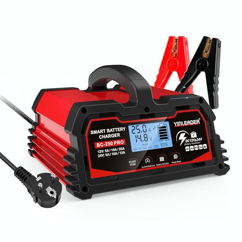 Yinleader Autobatterie Ladegerät 25A 12V/24V Batterieladegerät Auto Vollautomatisches Intelligentes Erhaltungsladegerät mit LCD, für Motorradbatterie 12V LiFePO4 Batterie