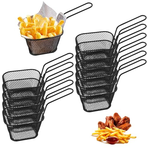 Lot de 12 petits paniers à frire noirs en acier inoxydable pour frites, mini paniers à frites, paniers à frites, panier à friteuse, panier à friteuse, panier à frites, crevettes, rondelles d'oignon