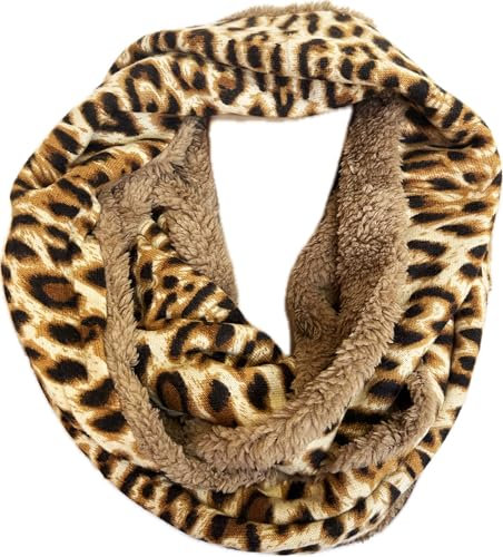 J26 Leopard Zebra Kuschelig Warmer Winter Loop Schal Fleece Schlauchschal Rundschal Leo flauschig Unisex (Leo Khaki Braun)