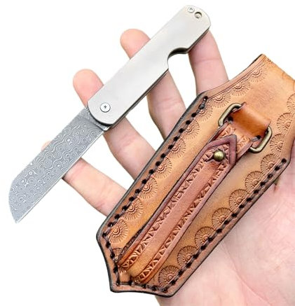 Obespina Petit Couteau Pliant Poche Damas Coreless Goutte d'Eau Japonais Damascus lame Tranchante Collection Cadeau Homme fête père étui cuir fine léger camping collection custom edc mini jolie femme