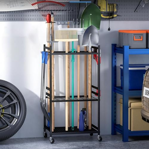 KLYDBMYT Organizer per Attrezzi da Giardino con Ganci portaoggetti, Porta Attrezzi da Giardino, Fino a 20 Attrezzi, Carrello per la Pulizia degli Attrezzi da Giardino in Metallo Nero