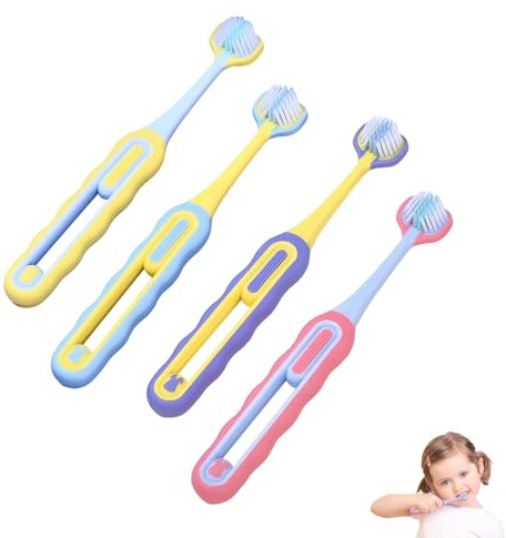 ExcellaElite Lot de 4 brosses à dents pour autisme, 3 côtés, multicolore, manuel, pour enfants