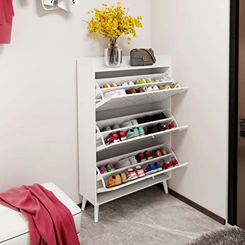 FARRINGTON Moderner Schuhschrank mit 3 Klappfächern, 80 x 24 x 133 cm, Weiß, Schuhschränke, Ablage für Accessoires