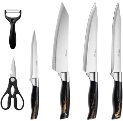 AURMOO Set di Coltelli da Cucina Professionali, Set Coltelli da Cucina, Coltello da Cuoco, Coltello da Taglio, Coltellos Universale, Coltelli da Tavola e Utensili Cucina, Forbici, 6 Pezzi