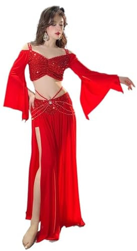 YDHTIZ Bauchtanz-Anzug, Pailletten-Mesh-Bauchtanz-Kostüm für Damen, langärmeliges Oberteil + langer Gaze-Rock, 2-teiliges Trainingsset, Bauchtanz, rot, 38